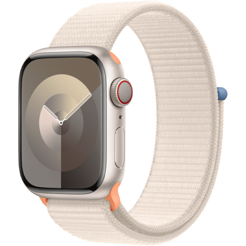 Apple Watch S9 GPS + eSIM (Cellular) 41mm ksiezycowa poswiata pasek front lewy obrot