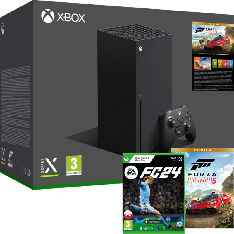 Konsola Xbox Series X + Forza Horizon 5 Premium Edition + EA FC 24 czarny front