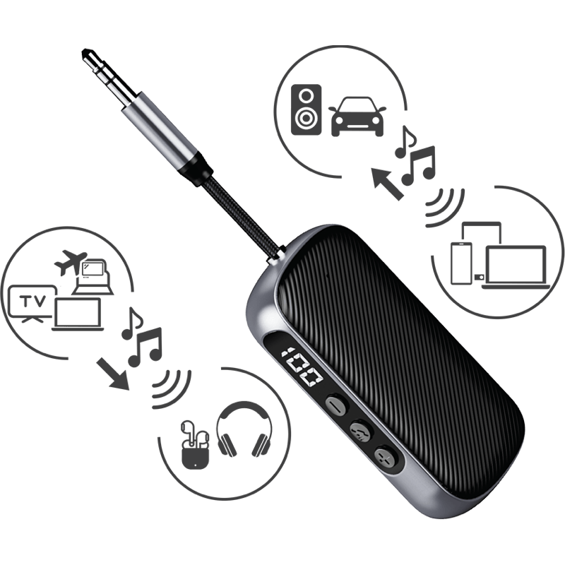 Adapter 2w1 z nadajnikiem i odbiornikiem Bluetooth jack 3,5MM FORCE POWER z dożywotnią gwarancją czarny front lewy skos 1