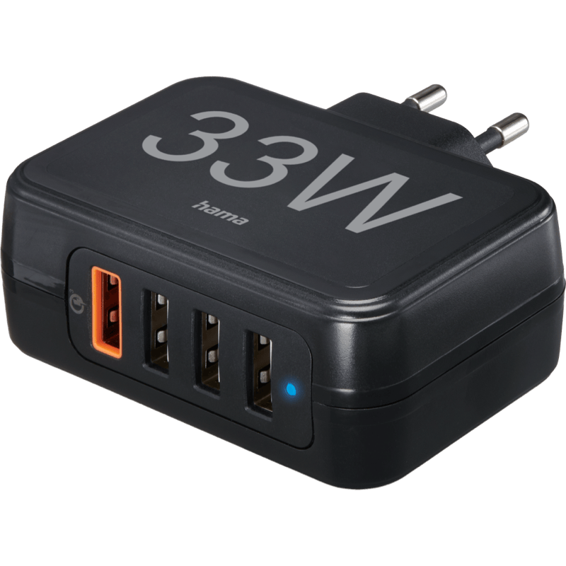 Hama Ładowarka sieciowa 33W 4-Gniazda (1X QC 3.0, 3X USB-A) czarna front lewy skos