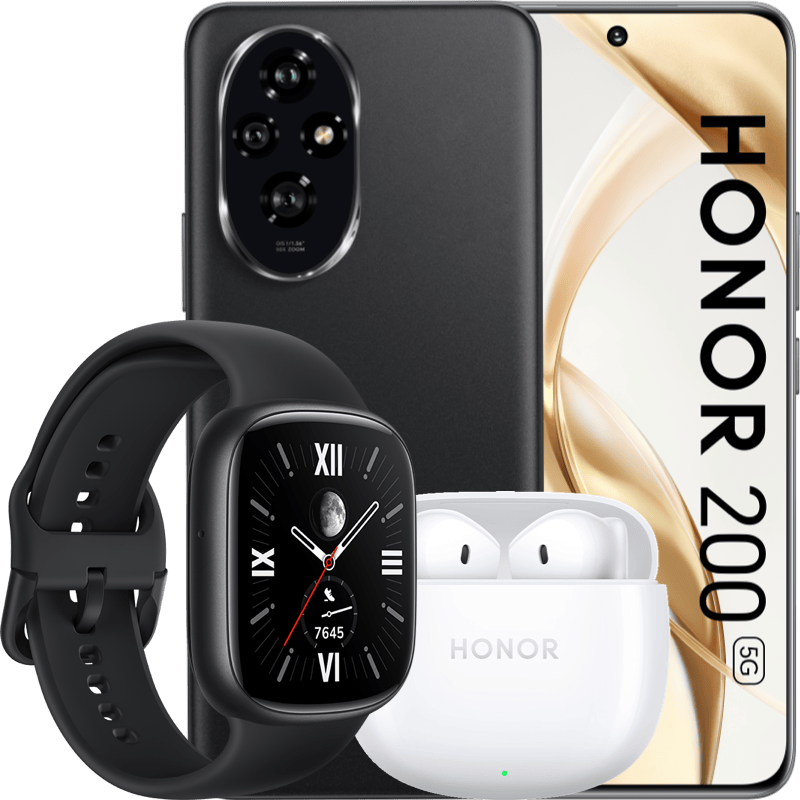 HONOR 200 5G 8/256GB czarny + WATCH4 czarny + EARBUDS X6 białe