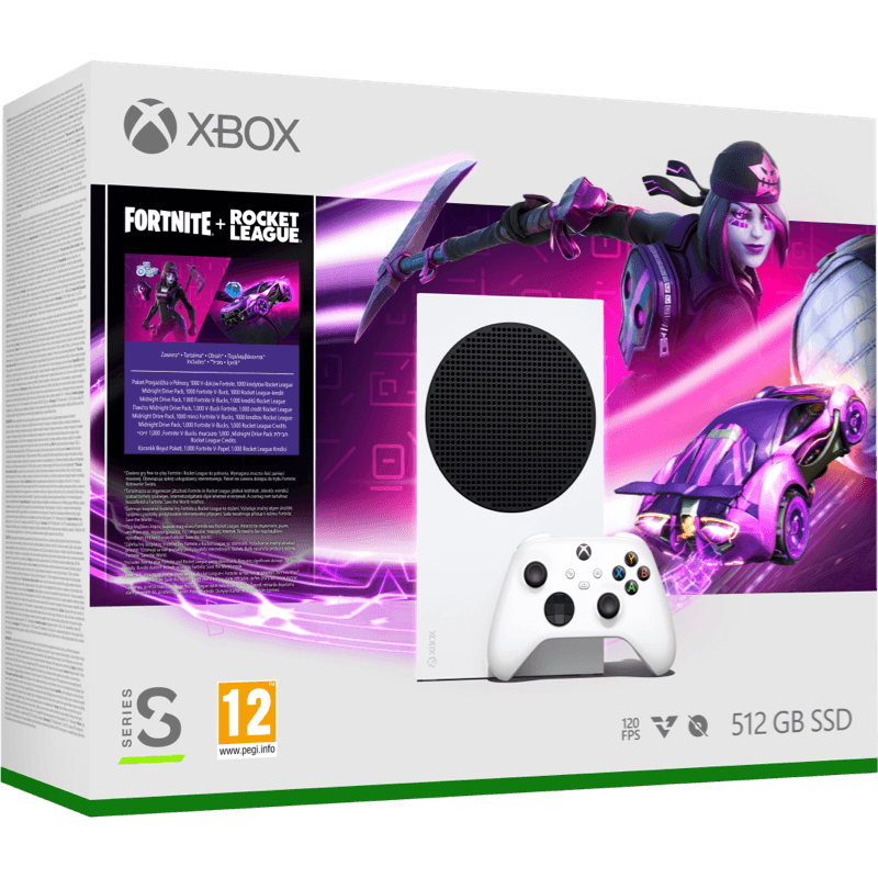 XBOX SERIES S 512GB+FORTNITE+ROCKET DLC box bialy front lewy skos