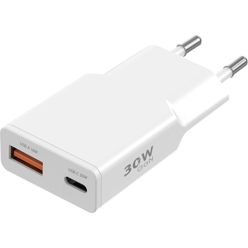 Ładowarka sieciowa WG Slim GaN 2xUSB PD 30W Type C i USB A 18W biała front prawy skos