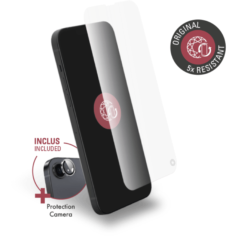 Zestaw szkieł ochronnych na ekran i kamery Force Glass z dożywotnią gwarancją iPhone 16E BB front prawy skos