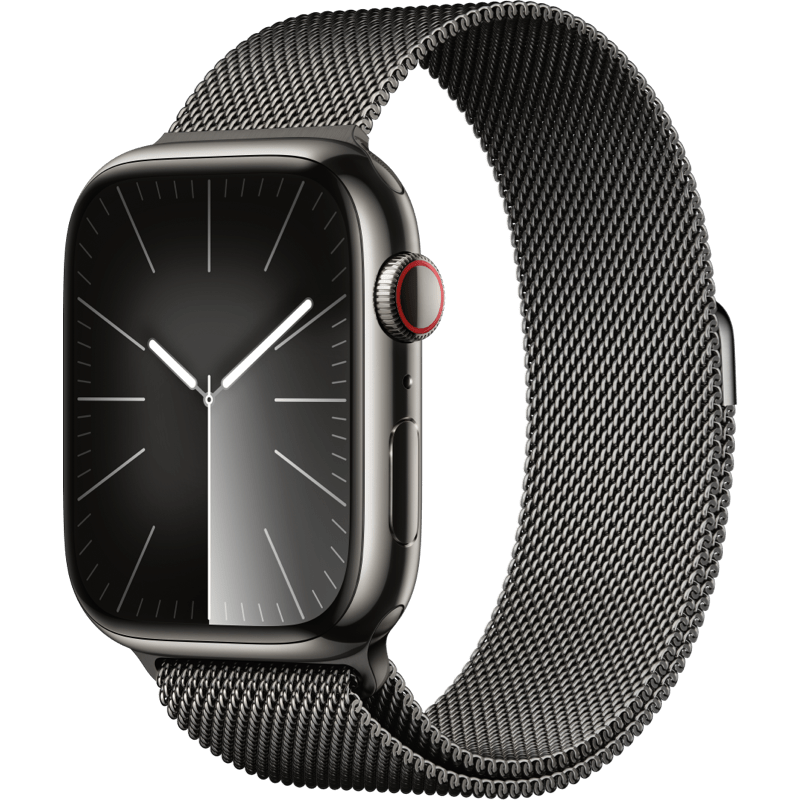 Apple Watch S9 GPS + eSIM (Cellular) 45mm koperta ze stali nierdzewnej grafitowy front lewy obrot