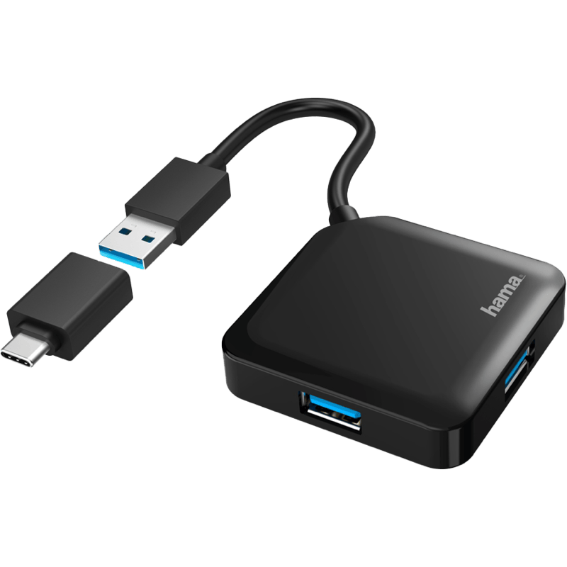Hub USB 3.0 4xUSB-A + Adapter USB-C czarny front lewy skos