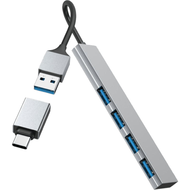 Hub Premium USB 3.2 + Adapter USB-C, 4xUSB-A, Ultra Slim, 5Gbit/s szary front