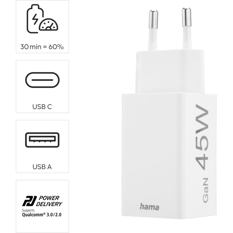 Hama Ładowarka Sieciowa Mini 45W Gan PD/QC (1X USB-C, 1X USB-A) biała od góry lewy skos z informacjami