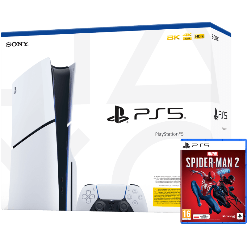 Sony PlayStation 5 (PS5) Slim blu-ray + gra Marvel Spider-Man 2 biala front