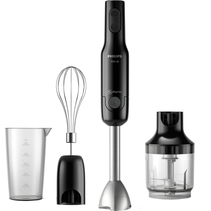 Philips Blender ręczny Promix HR2543/90 - Mini rozdrabniacz - końcówka do ubijania czarny front z dodatkami