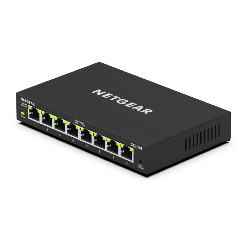 NETGEAR SWITCH 8PT GS308E-100PES czarny front skos