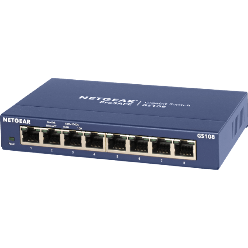 NETGEAR SWITCH 8PT GS108GE niebieski front skos