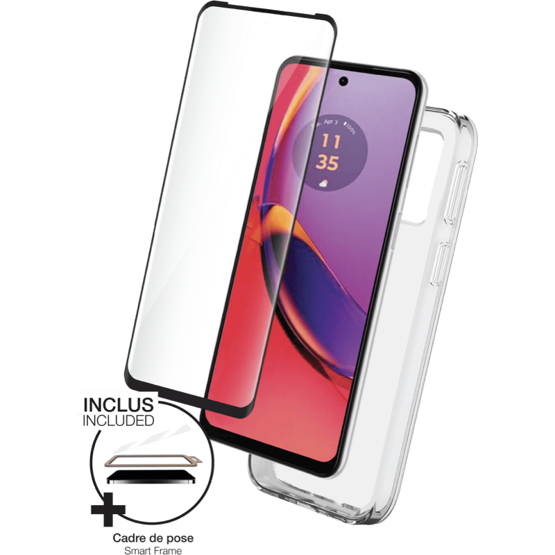 Zestaw ochronny Bigben Motorola moto G84 etui transparentne + szkło ochronne BB przezroczyste front prawy skos z info