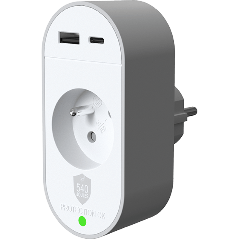 Gniazdko antyprzepięciowe Force Power Lite 540J z USB-A i USB-C BB białe prawy bok