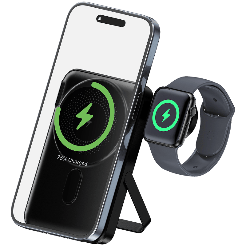 Powerbank WG 10000 mAh z MagSafe PD20W + ładowanie Apple Watch czarny front lewy skos 2