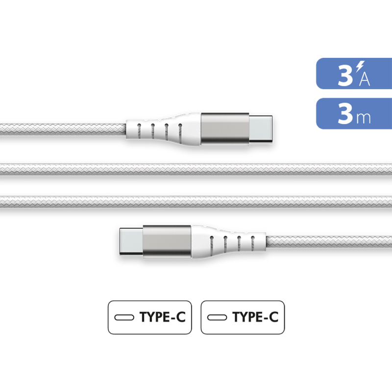 Kabel Force Power Lite z dożywotnią gwarancją 3A z technologią Power Delivery 60W o długości 3 metrów BB biały front z informacjami