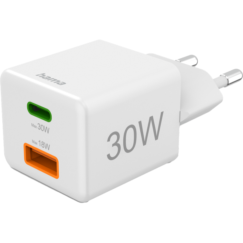 Hama Ładowarka Sieciowa Mini 30W PD/QC (1X USB-C, 1X USB-A) biała front lewy skos 1