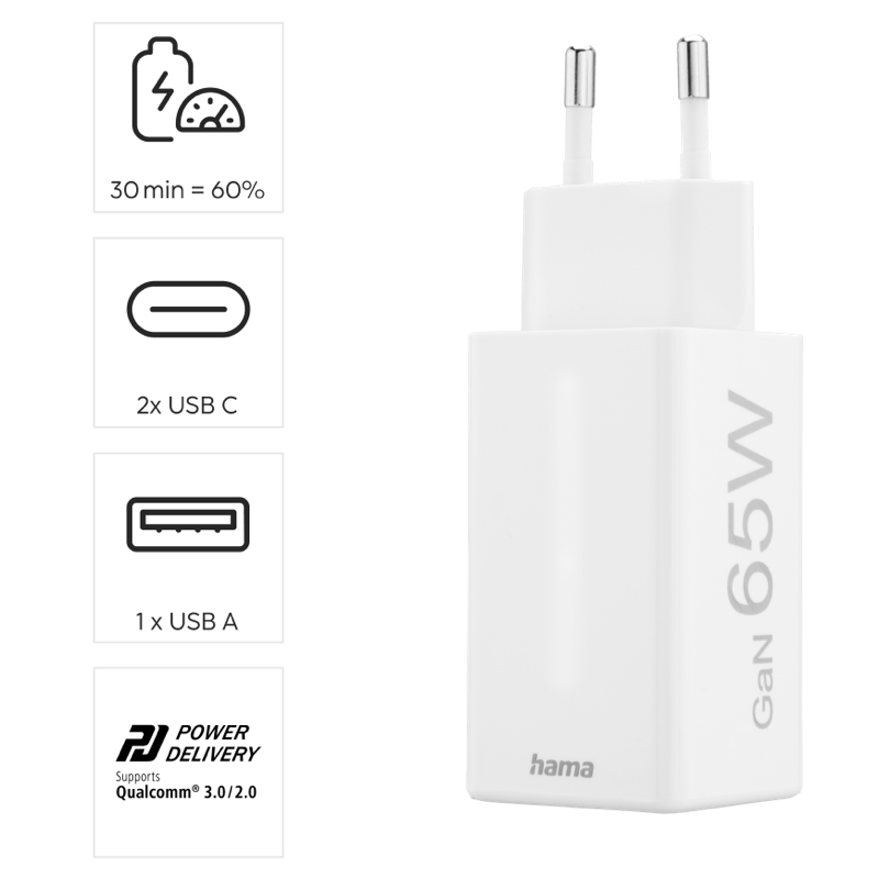 Hama Ładowarka Sieciowa Mini 65W Gan PD/QC (2X USB-C, 1X USB-A) biała od góry i lewa strona z informacjami