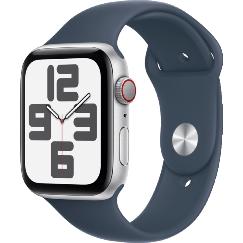 Apple Watch SE GPS + eSIM (Cellular) 44mm (2023) niebieska opaska front lewy obrot