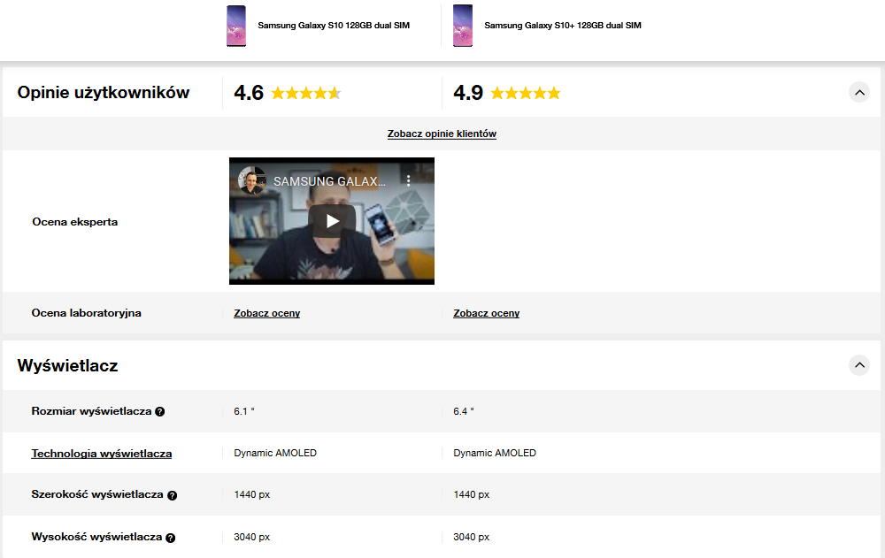 tabela z porównaniem Galaxy S10