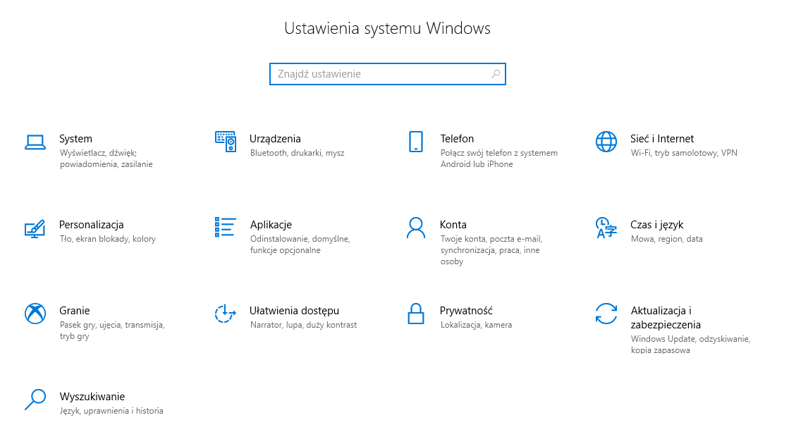 ustawienia Windows