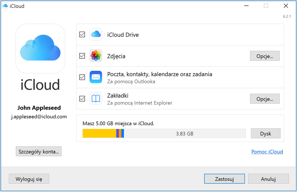 menu iCloud w Windows