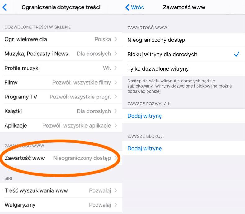 Blokada stron dla dorosłych w iOS