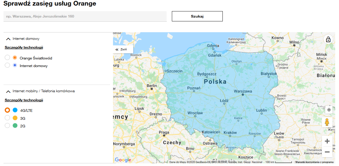 mapa zasięgu Orange