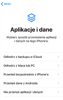 Konfiguracja iPhone ekran przeniesienia danych