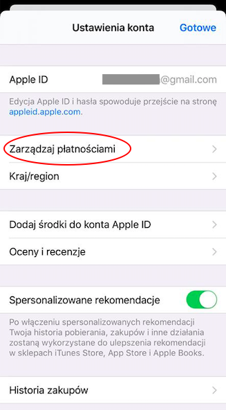 Menu smartfona Apple ustawienia płatności