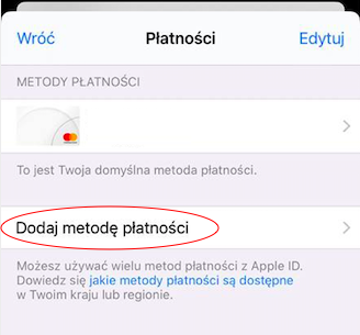 Menu smartfona Apple ustawienia płatności