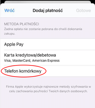 Menu smartfona Apple ustawienia płatności