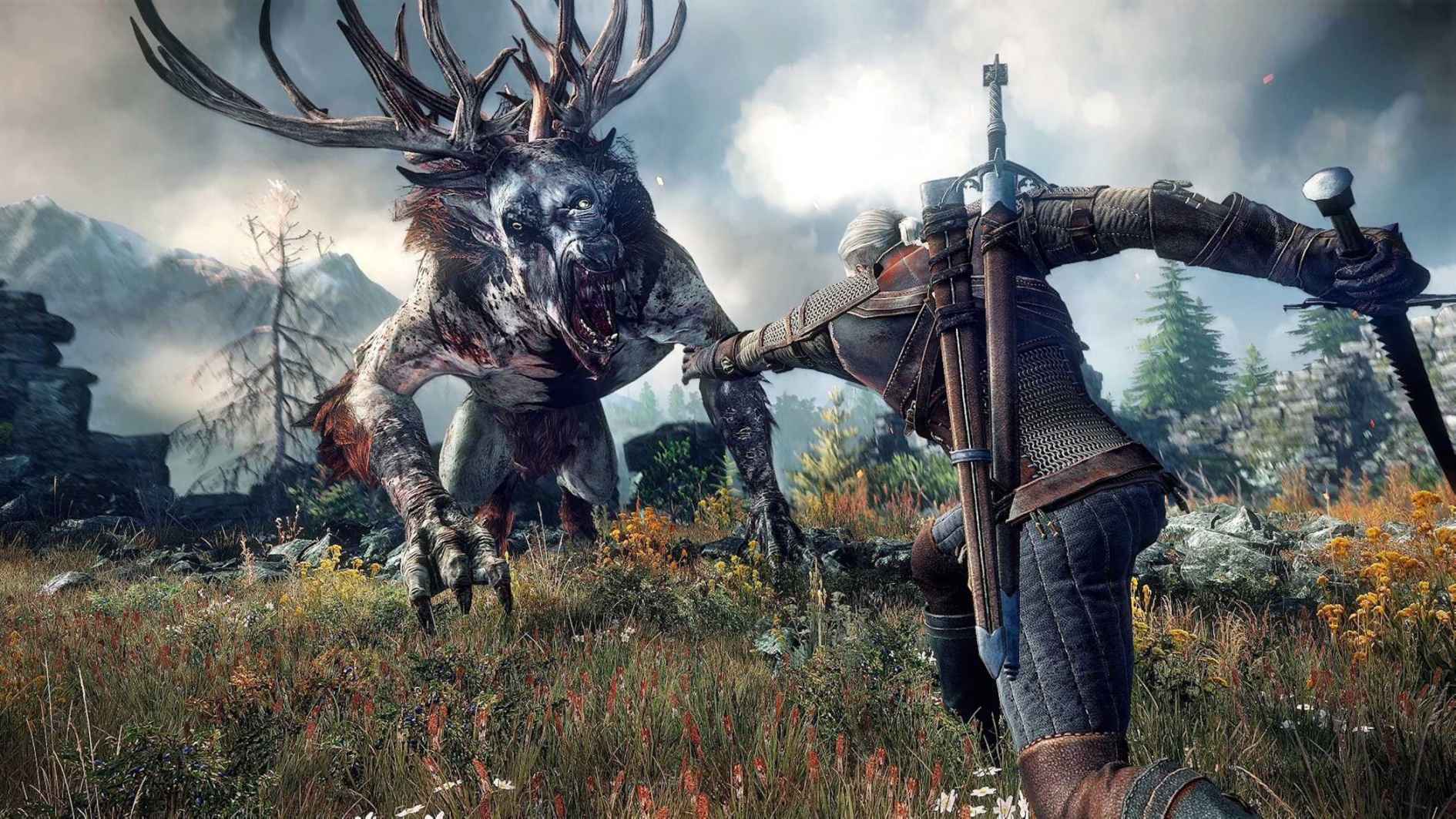 Geralt walczy z potworem w grze Wiedźmin 3 