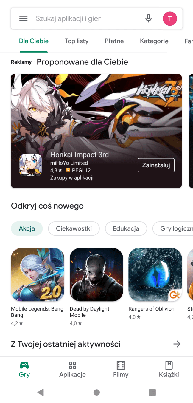 Widok menu sklepu z aplikacjami Google Play