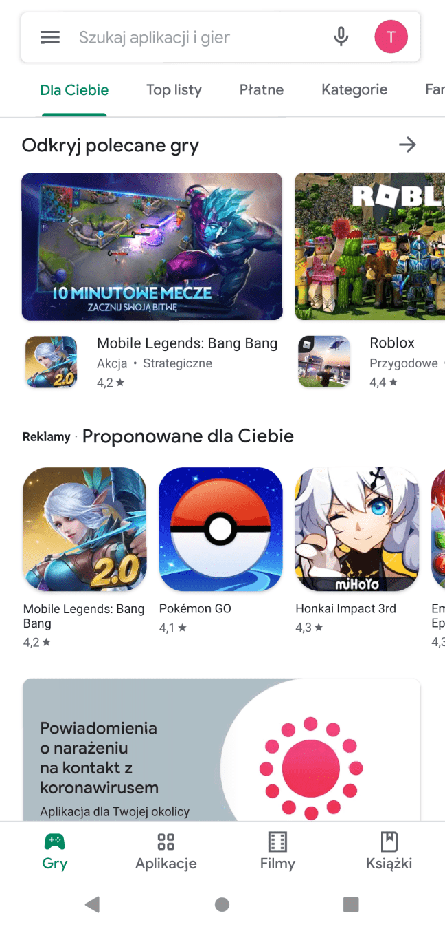 Widok menu sklepu z aplikacjami Google Play