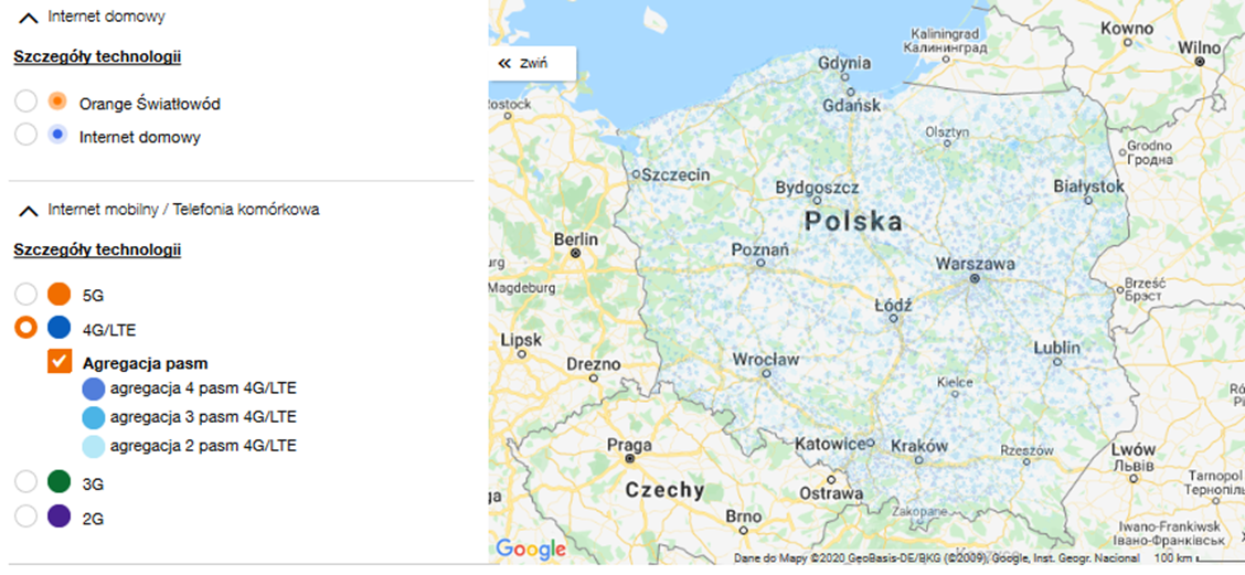 mapa Orange z informacją o agregacji pasm