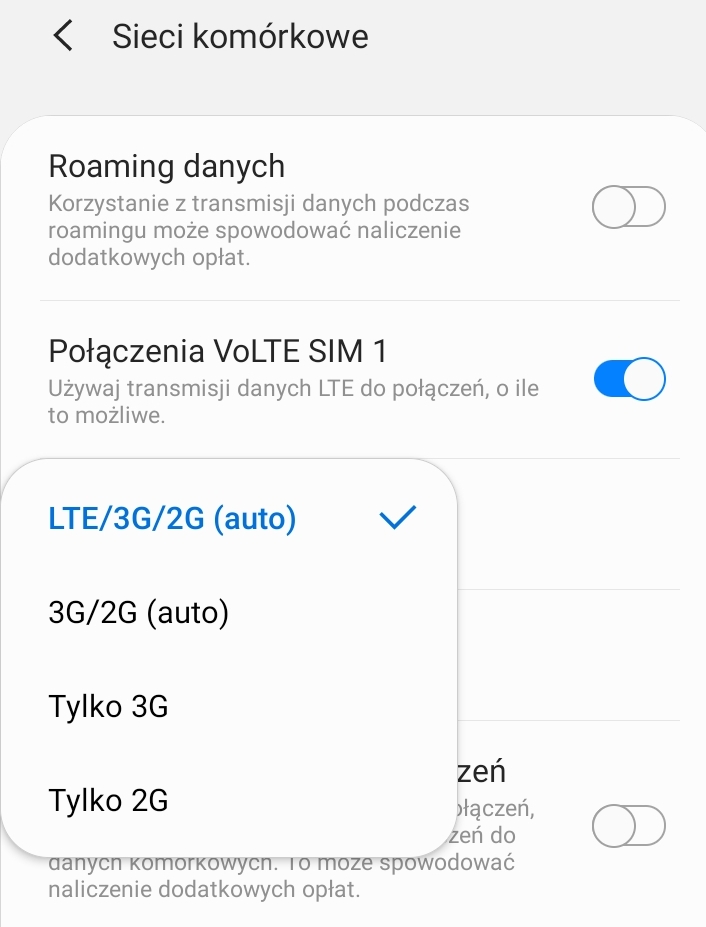 wybór w telefonie sieci 3g/4g