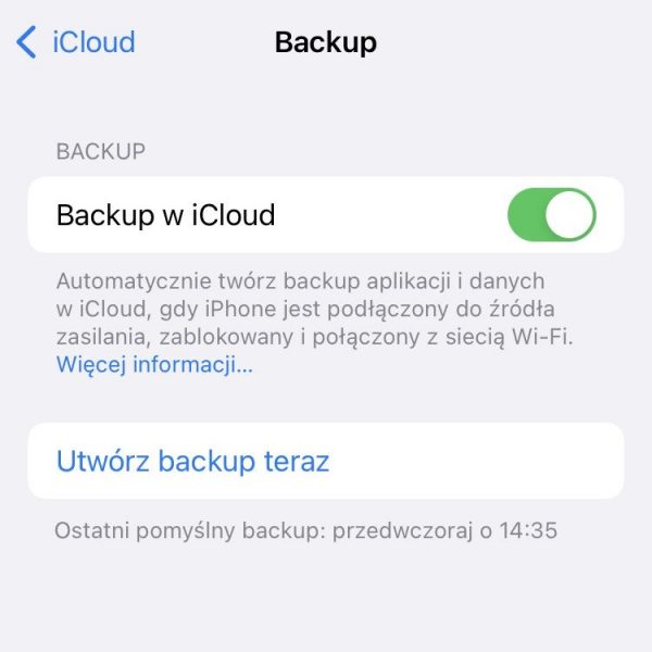 zrzut ekranu z iPhone, który przedstawia jak zrobić backup iPhone