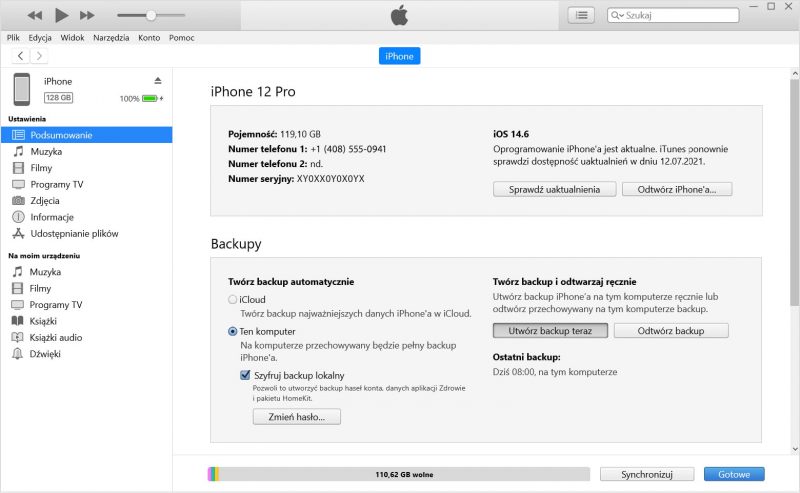 zrzut ekranu - backup iPhone przez iTunes