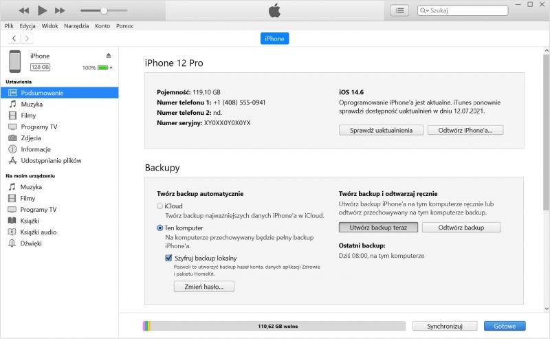 zrzut ekranu - backup iPhone przez iTunes