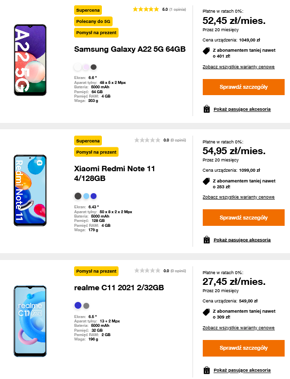 lista telefonów na raty bez abonamentu