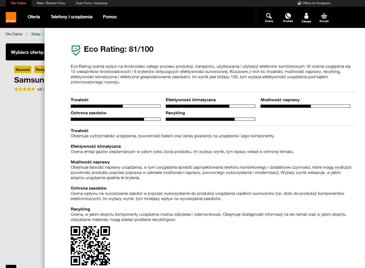 oznaczenie Eco Rating w sklepie orange.pl