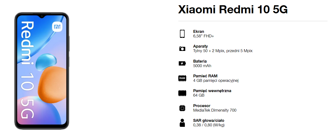 Smartfon Xiaomi Redmi 10 5G z wartością współczynnika SAR 