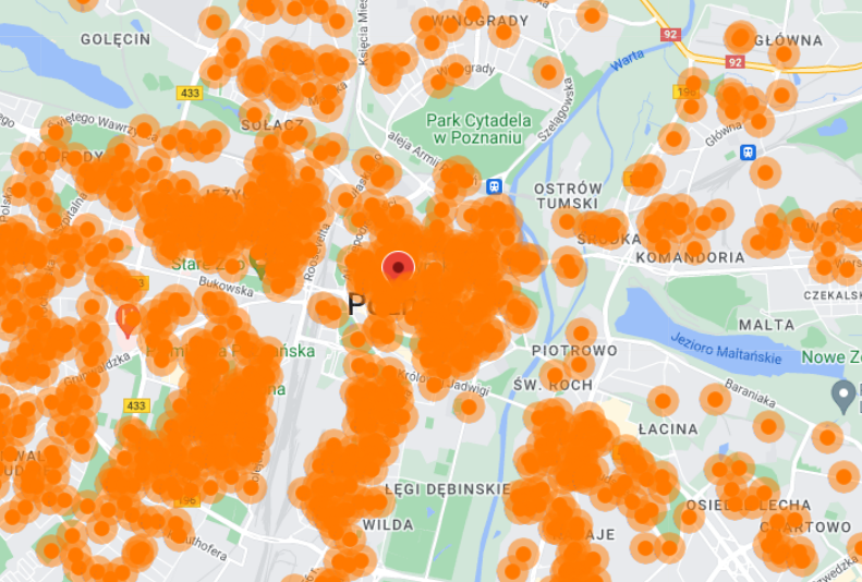 Mapa zasięgu światłowodu w Poznaniu