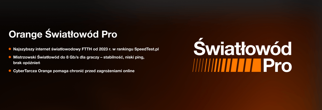 Orange Światłowód Pro to nowa odsłona internetu światłowodowego Orange w technologii FTTH. Nazwa „Pro” podkreśla najważniejsze korzyści usługi: bardzo wysoką prędkość, stabilność połączenia oraz bezpieczeństwo dzięki CyberTarczy Orange.